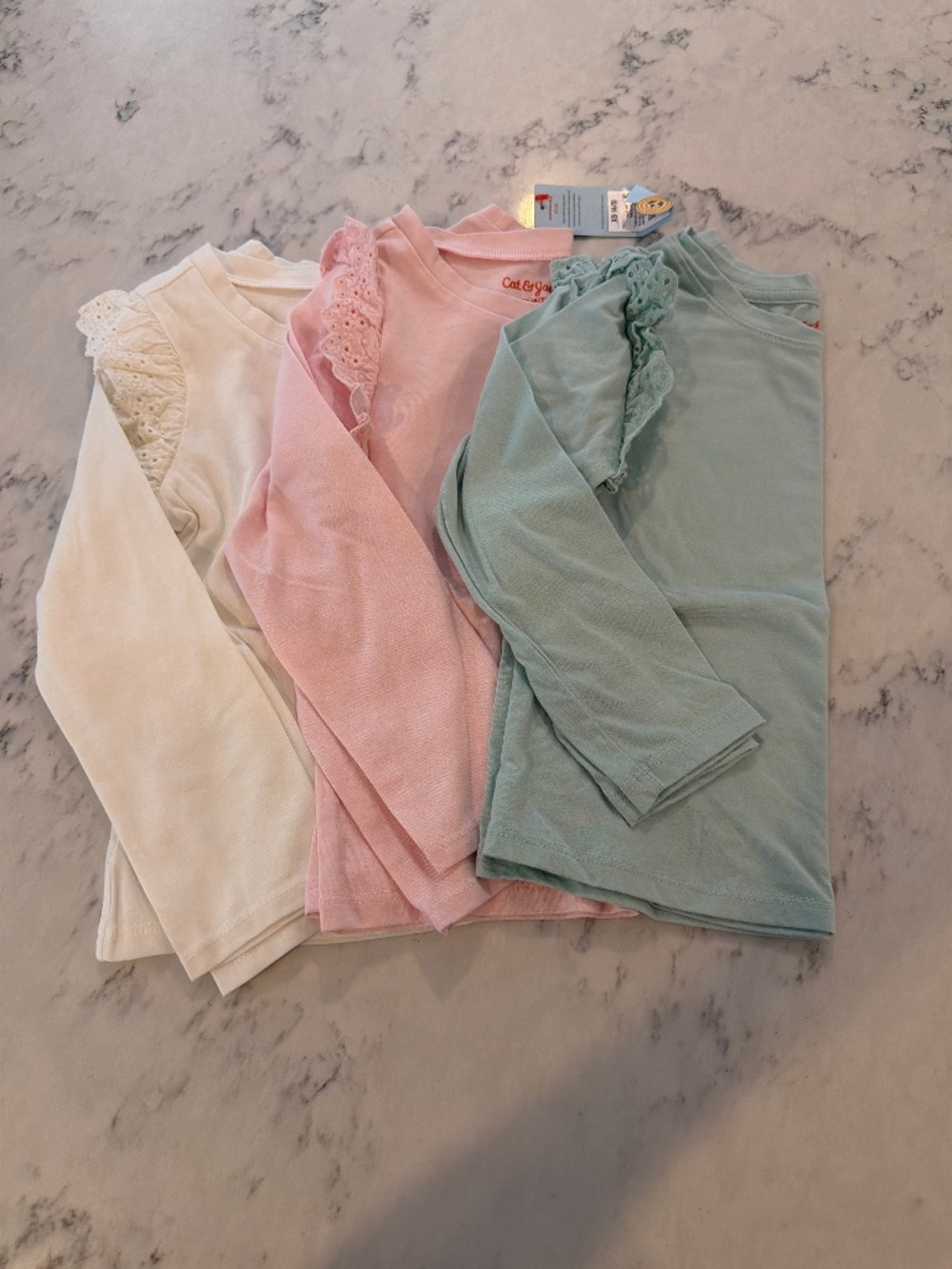 Set of 3 NWT Cat & Jack Long Sleeve Shirts with Eyelet Ruffle Detail at Shoulder